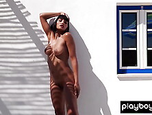 Skinny japanese babe Angel Constance squeezing orange on her perfect melons