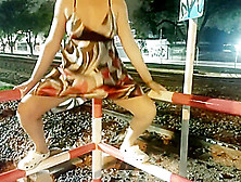 Under Dress Twat Without Panties To Cars And Train Track In Busy Street Hard Anal Sex Under Rain