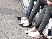 Petite College Chicks Resting Their Lovely Feet In Nylon Stockings In Public