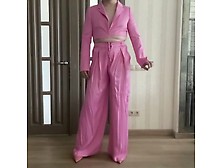 Sissy Cuckold Trap In Satin Wide Leg Palazzo Trousers Pants,  Satin Silk Jacket And High Heels Dancing,  Masturbating