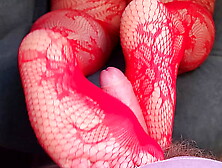 Footjob by FAT WOMAN Milf in Red Lace Stockings and Ebony Panties