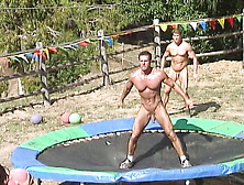 Muscle Athletes Play Naked Trampoline Dodgeball