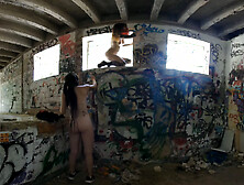Risky Public Nudity — Hot Girls on Vacation Spray Painting Graffiti