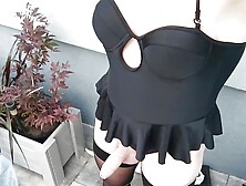 Sissy On Sexy Black One Piece Swimsuit With Skirt And Tights