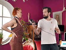 Older woman sucks the dick of a computer repair man