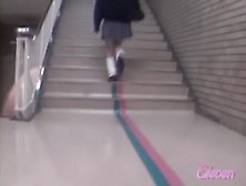 Hot Asian girl gets skirt sharked up in empty corridor