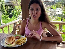 Cute Girl Eating Burger With Cum On Her Face In Public Cafe