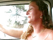 Fat German woman eating cum in the car
