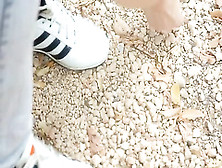 Ultra skinny coed fingering on a bench