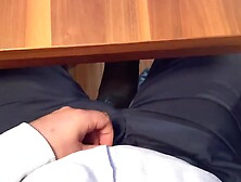 Chubby Girl In Pantyhose Rubs Guy's Cock With Foot Under The Table