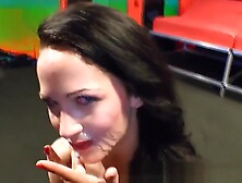 Gang banged slut swallows cum