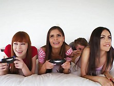 Three Gamer Girls Sharing On One Cock In The Bedroom