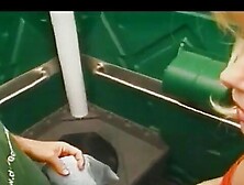 Old stud bangs blonde MILF in an outdoor toilet