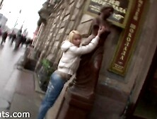Russian Blonde Walks Through The Busy Streets With Horny Man Talking Sexy