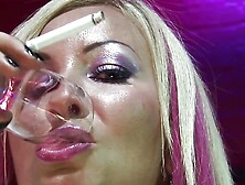 Busty blonde in a fur coat gets her hands on a stiff shaft