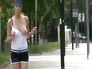 Softcore workout video with big naturals babe flashing outdoor