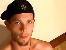 Slim thug yanks his big dick and paints his belly with cum