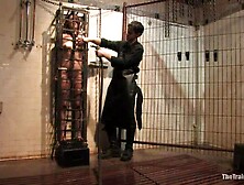 Brunette Slut In Chain Gets Tortured With Tight Cage,  Tube Bondage,  Fucking Machine And Vibrator