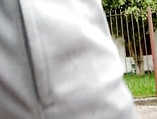 Freeballing Grey Shorts: Flaccid Cock Swinging Outdoors