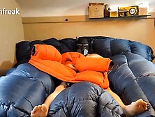 Humping Huge Orange Parka On Puffy Bed Of Down