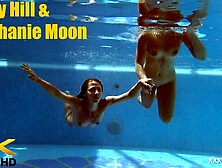 In the indoor pool,  two stunning girls swim