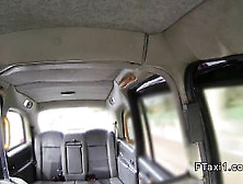 Brunette lady gives rimjob in fake taxi