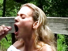 Petite charming blonde wifey gets boned outside! Penis on the Deck Mindy YummyMama gets a good hard fuck and HUMONGOUS cumshot!