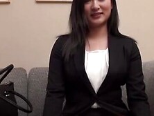 Japanese beautiful assistant in tan pantyhose gets pleased