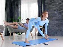 Teen brunette roommate excercises on the mat and gets pussy fucked by her friend