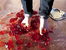 Crushing Jello and fruit barefoot