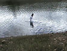 Big Wedding Gown,  Wading Into A Favorite Lake.