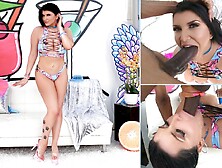 Brunette With Big Boobs Romi Rain Sucks A Long Black Penis On The Camera