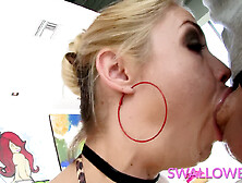 Busty blonde Sarah Vandella swallows big cock in solo blowjob scene