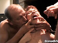 Teenie bitch blows then mounts oldie