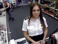 Cute stewardess fucks rough and fast with broker for money