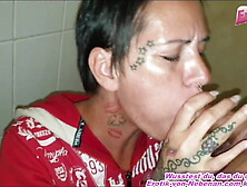 German milf fucks at public toilet with cum facial