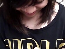 Petite Japanese chick worships plastic dick and sits on it POV