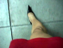 Joana Walking In Red Dress,  Showing Cock And Legs