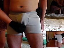 Slut who squeezes the glans and gold ball from the top of the pants and continuously slaps and stops on the verge of ejaculation