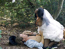 Ebony Bride And White Groom Are Having Sex In The Woods