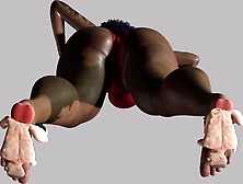 Gorgeous giant ebony woman stomping on little men during dance aerobics