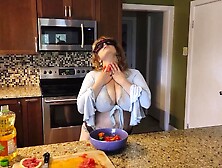 Slicing and crushing Food and RUBBING it into MY GIGANTIC MILF BOOBIES