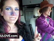 Humongous boobies babe in cum-shot masks,  rhinestone costume & cosplay,  dark nails hands & feet - Lelu Love