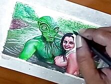 Sensual Art Piece Featuring An Indian Beauty Falling In Love With A Horny Alien