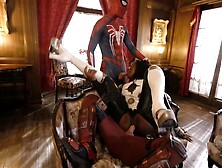 Two superhero hunks are having their way with a black babe