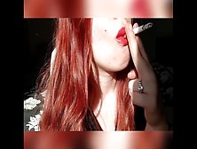 Big Red Glossy Lips With Sucking On Cigarette And Close Up Smoking