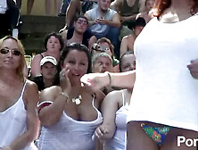 Wet and wild outdoors t-shirt challenge with natural tits