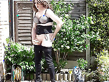 Thigh-Booted Crossdresser Strokes Outdoors