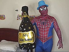 Beautiful big-bootied stepmother celebrates New Year's by sucking Spider-Man's dick