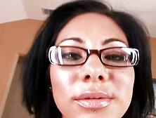 A Brunette With Glasses Masturbates And Then Gives A Wet Sloppy Blowjob To Her Man